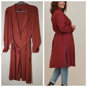 Torrid Drape Trench Georgette Jacket Brown Brick Red Pockets Belted Size 2X